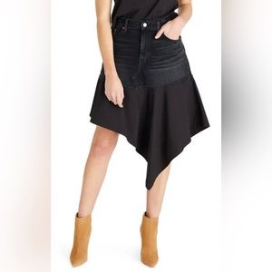 ética Upcycled assymmetric skier dragonfly patchwork jean skirt